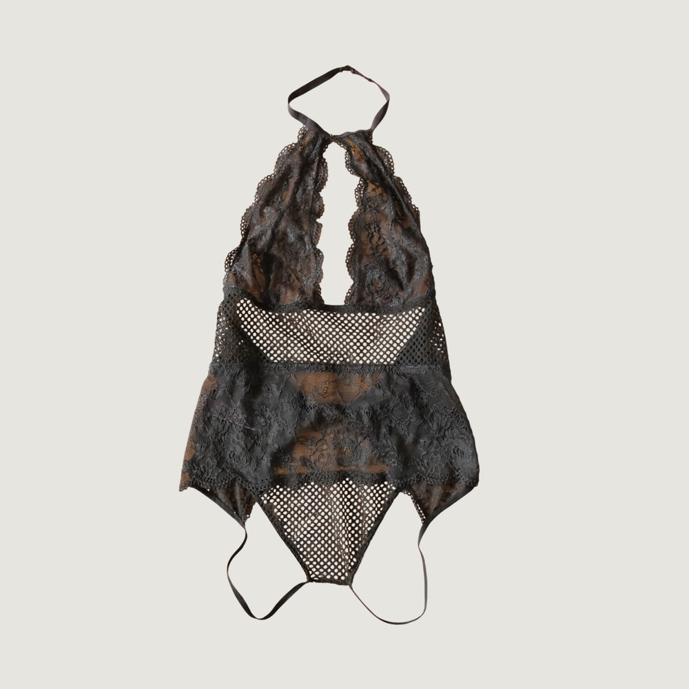 Adore Me Teddy Bodysuit Halter Black Lace Fishnet Mesh XS Lingerie Intimates
